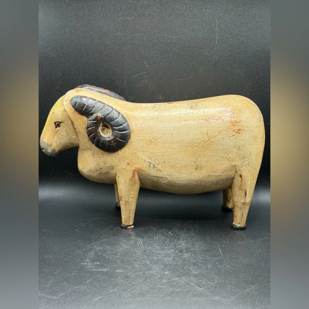 Vintage Hand Painted Carved Wood Sheep Ram Figure Sculpture Folk Art Collectible